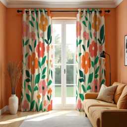 Retro Floral Curtains, Bold Orange Green Flower Drapes, Mid Century Modern Botanical Print, Custom Made Eyelet Or Rod Pocket Curtains - thumbnail 2