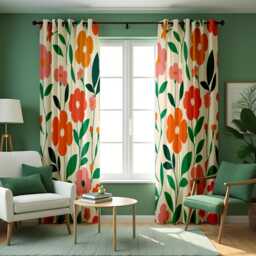 Retro Floral Curtains, Bold Orange Green Flower Drapes, Mid Century Modern Botanical Print, Custom Made Eyelet Or Rod Pocket Curtains - thumbnail 3