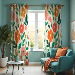 Retro Floral Curtains, Bold Orange Green Flower Drapes, Mid Century Modern Botanical Print, Custom Made Eyelet Or Rod Pocket Curtains