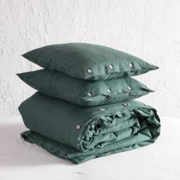 Forest Green Linen Duvet Cover Set, Natural Coconut Button Bedding