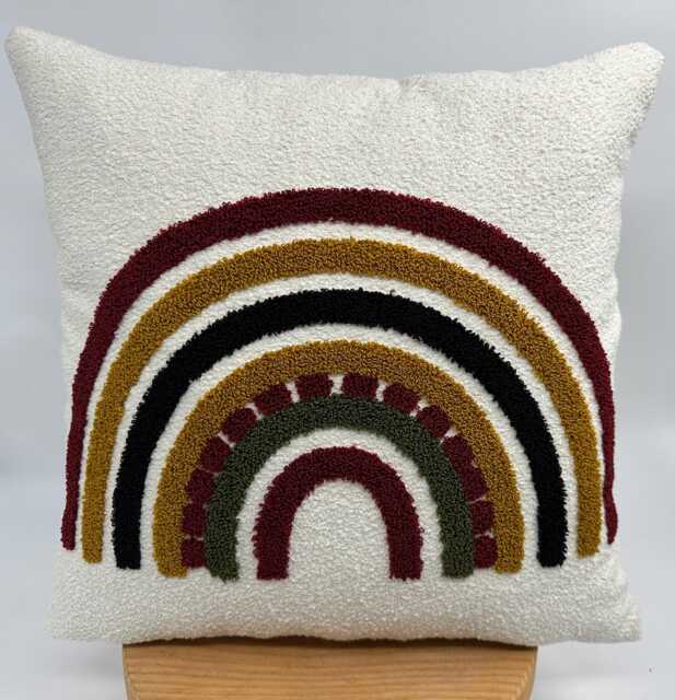Rainbow Embroidered Boucle Pillowcase, Boho Chic Throw Pillow - 18x18 - image 1
