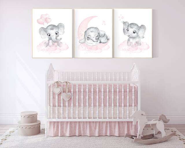 Elephant Nursery Art Print Pink Moon & Stars Decor - image 1