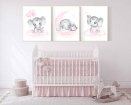 Elephant Nursery Art Print Pink Moon & Stars Decor - thumbnail 1