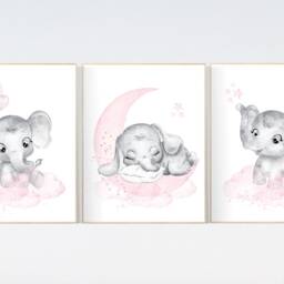 Elephant Nursery Art Print Pink Moon & Stars Decor - thumbnail 2