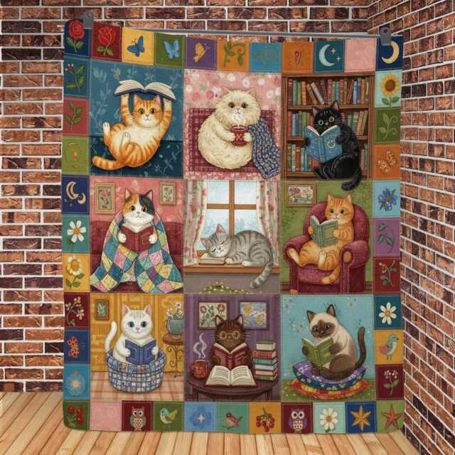 Cat Quilt Blanket Reading Theme, Book Lover Illustrations, Patchwork Style - image 1