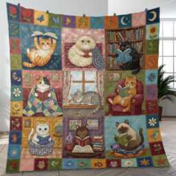 Cat Quilt Blanket Reading Theme, Book Lover Illustrations, Patchwork Style - thumbnail 2