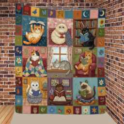 Cat Quilt Blanket Reading Theme, Book Lover Illustrations, Patchwork Style - thumbnail 3
