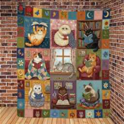 Cat Quilt Blanket Reading Theme, Book Lover Illustrations, Patchwork Style - thumbnail 1