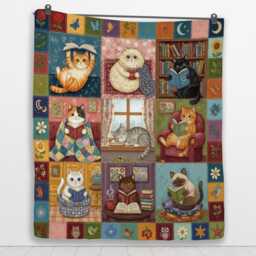 Cat Quilt Blanket Reading Theme, Book Lover Illustrations, Patchwork Style - thumbnail 4