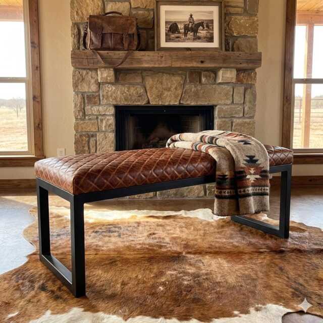 Diamond Quilted Leather Upholstered Bench With Fabricated Black Steel Frame - Fpb - image 1