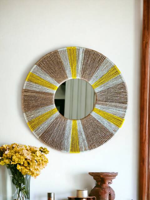 Retro Jute Mirror, Wall Hanging Bedroom Decor Gift, Christmas Boho Home Decor, Living Room Art - image 1