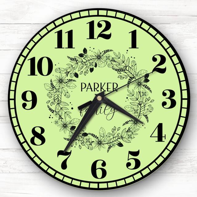 Lime Green Black Floral Wreath Family Name Personalised Gift Clock - image 1