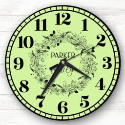 Lime Green Black Floral Wreath Family Name Personalised Gift Clock