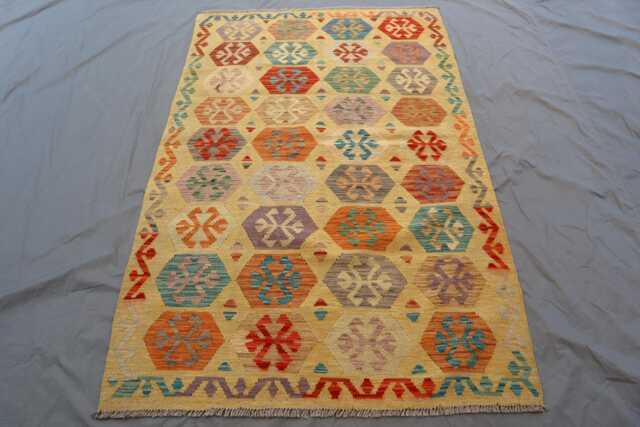 Handwoven Afghan Chubi Kilim Rug Yellow Geometric Flatweave, 4.2 X 6.5 Ft - image 1