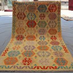 Handwoven Afghan Chubi Kilim Rug Yellow Geometric Flatweave, 4.2 X 6.5 Ft - thumbnail 4