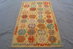 Handwoven Afghan Chubi Kilim Rug Yellow Geometric Flatweave, 4.2 X 6.5 Ft - thumbnail 1
