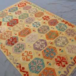 Handwoven Afghan Chubi Kilim Rug Yellow Geometric Flatweave, 4.2 X 6.5 Ft - thumbnail 2