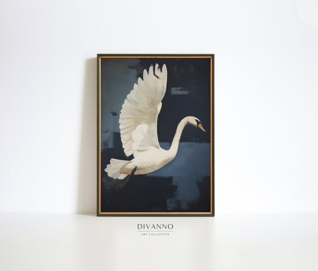 White Swan Print, Flying Bird Wall Art, Contemporary Wildlife Canvas, Modern Flight Hanging, Digital Painting, Home Office Decor - image 1