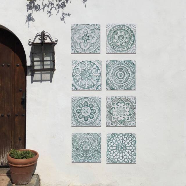 8 Hand-Painted Relief Tiles Ethnic Wall Hanging, Terrace Decor, Aqua &white - 30cm/11.8 - image 1
