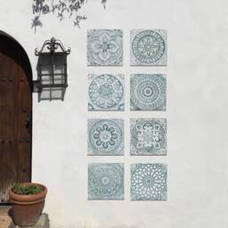 8 Hand-Painted Relief Tiles Ethnic Wall Hanging, Terrace Decor, Aqua &white - 30cm/11.8 - thumbnail 1