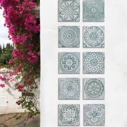 8 Hand-Painted Relief Tiles Ethnic Wall Hanging, Terrace Decor, Aqua &white - 30cm/11.8 - thumbnail 4