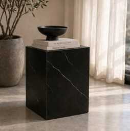 Nero Marquina Marble Side Table Black Stone Plinth Pedestal - thumbnail 3