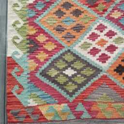 Afghan Kilim Rug, Handmade Artisan Multicolour Turkish Persian Navajo Moroccan Bohemian Flatweave, Natural Wool Tribal Rug 129x91 cm - thumbnail 2