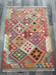 Afghan Kilim Rug, Handmade Artisan Multicolour Turkish Persian Navajo Moroccan Bohemian Flatweave, Natural Wool Tribal Rug 129x91 cm - thumbnail 1