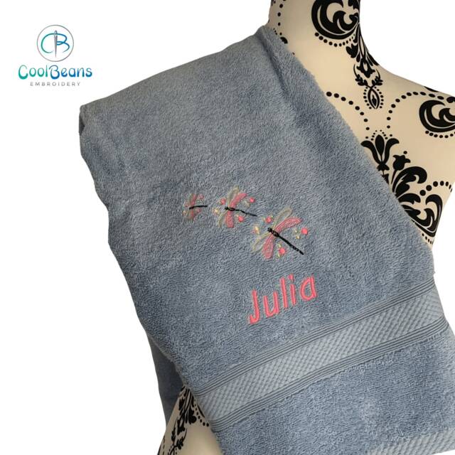 Dragonfly Towel - Personalised Face Cloth/Hand Bath = Embroidered
