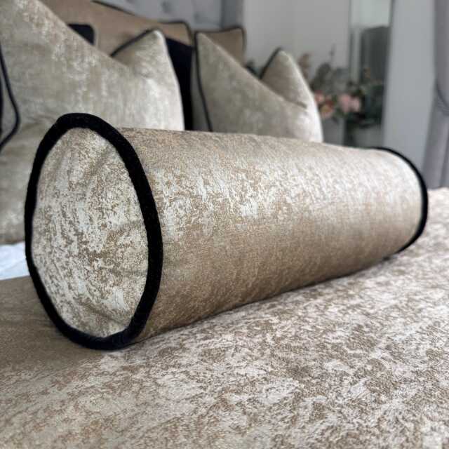 "Bolster Cushion Gold/Black Velvet Piping Piped 16"" X 6" - image 1
