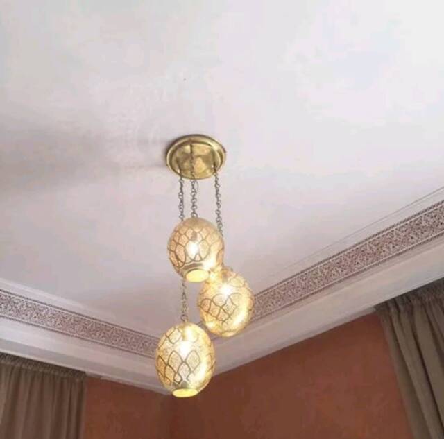 Moroccan Brass Chandelier 3-Egg Pendant Light, Antique Style - image 1