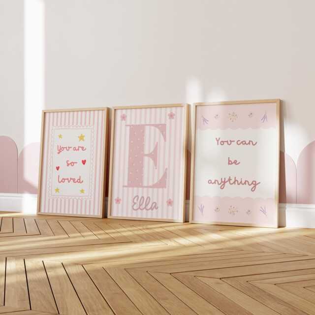 Set Of 3 Pink Striped Affirmation Prints, Personalized Name Nursery Decor - image 1