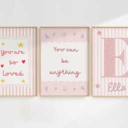 Set Of 3 Pink Striped Affirmation Prints, Personalized Name Nursery Decor - thumbnail 2