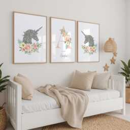Unicorn Prints For Girls Nursery, Set Of 3, Initial With Flowers & Name Silver Glitter Effect Unicorns - thumbnail 1