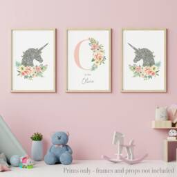 Unicorn Prints For Girls Nursery, Set Of 3, Initial With Flowers & Name Silver Glitter Effect Unicorns - thumbnail 3