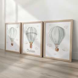 Personalised Nursery Wall Prints, Set Of 3 Hot Air Balloon, Bunny Goose Bear Optional Frame Bedroom Decor Gift For Kid Room Playroom Posters - thumbnail 1