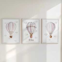Personalised Nursery Wall Prints, Set Of 3 Hot Air Balloon, Bunny Goose Bear Optional Frame Bedroom Decor Gift For Kid Room Playroom Posters - thumbnail 2