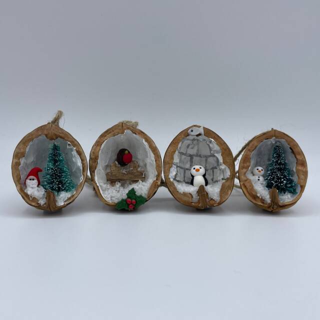 Christmas Assortment 1 - Penguin, Robin, Santa, Snowman Handmade Walnut Shell Decorations - image 1