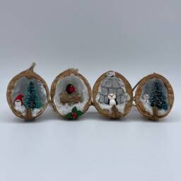 Christmas Assortment 1 - Penguin, Robin, Santa, Snowman Handmade Walnut Shell Decorations