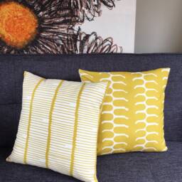 Mustard Yellow Abstract Cushion Cover, Atelier Saint-Germain Ozone Muscat, Geometric Lines Stripes, 50S Style, Scandi Mid Century, Pillow - thumbnail 2