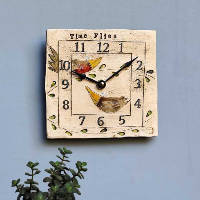Handmade Time Flies Small Wall Clock Large Numbers With A Robin & Brown Bird - image 1