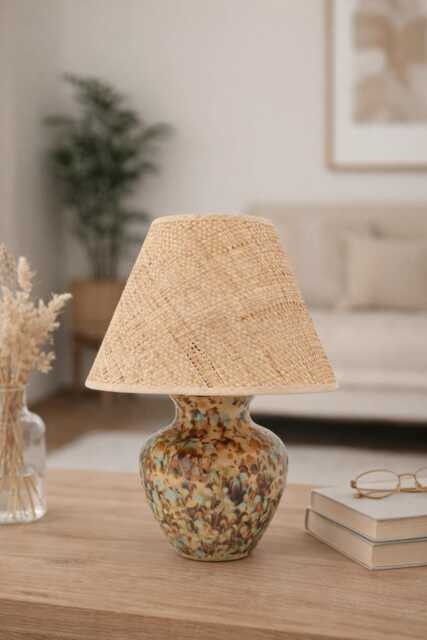 Brown-Blue Reddish , Beige Flow Crystaline Handglazed Bedside Ceramic Lamp With Raffia Fabric Shade - image 1