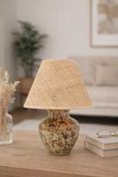 Brown-Blue Reddish , Beige Flow Crystaline Handglazed Bedside Ceramic Lamp With Raffia Fabric Shade - thumbnail 1