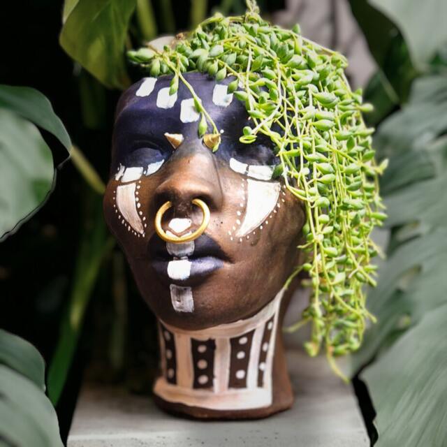 Hand Painted Concrete Bust Planter, Face Plant Pot, Art Decor - image 1