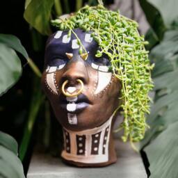 African Head Planter, Hand Painted Cast Stone Bust Plant Pot