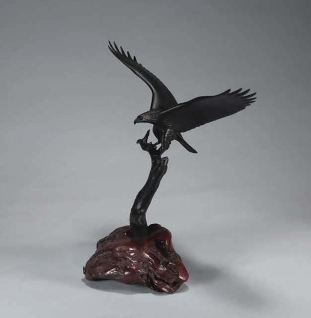 Black Eagle in Tree By John Perry Sculpture 12 Inch Wingspan - image 1