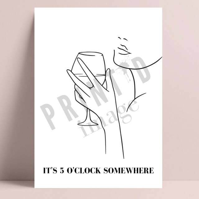 Kitchen Print, Wall Art, It's 5 O'clock Somewhere Line Art Drawing, Decor, Fun Prints, Gifts For Her, Minimalist - image 1