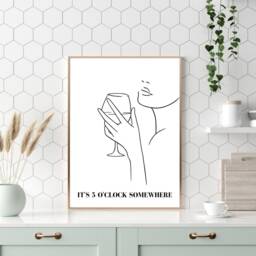 Kitchen Print, Wall Art, It's 5 O'clock Somewhere Line Art Drawing, Decor, Fun Prints, Gifts For Her, Minimalist - thumbnail 2