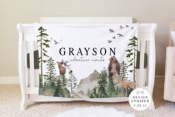 Woodland Blanket, Personalized Baby Blanket Gift, Toddler Forest Decor, Birthday Theme Adventure Awaits Bb01
