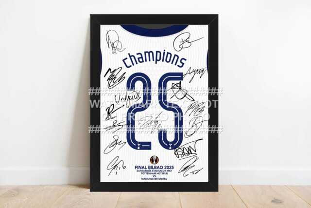 Uefa Europa Cup 2025 Squad Signed Tottenham Hotspur Printed Autograph Print Photo Framed Option Shirt Jersey Spurs Trophy - image 1